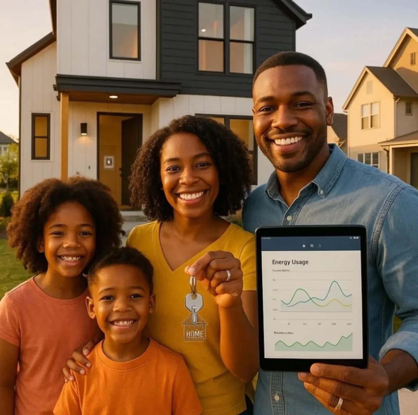 A family standing outside their home with a house key, representing the people behind property development