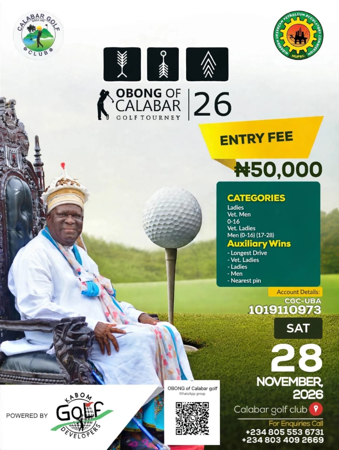 Official Obong of Calabar Golf Tourney 2026 poster with entry fee, categories and event date